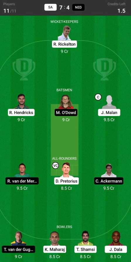 NED VS SA 1st ODI - Dream11 Team