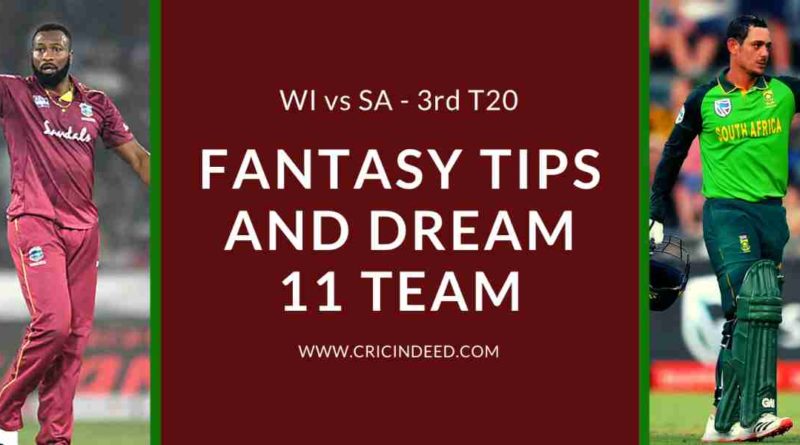 WI vs SA 3rd T20 Dream11 Prediction